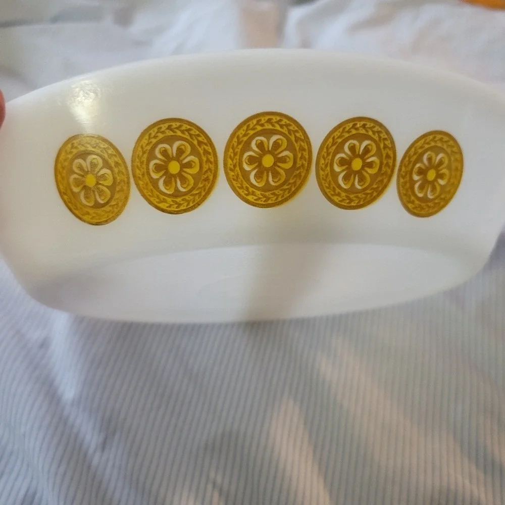Vintage Glasbake Divided Serving Dish Golden Flower Pattern Milk Glass